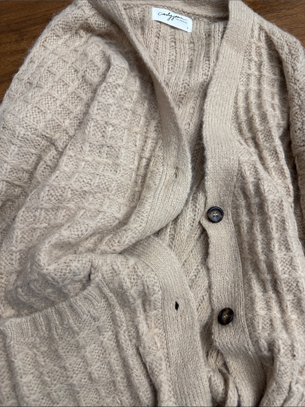 Carly Jean Los Angeles Beige Cable Knit Button Cardigan